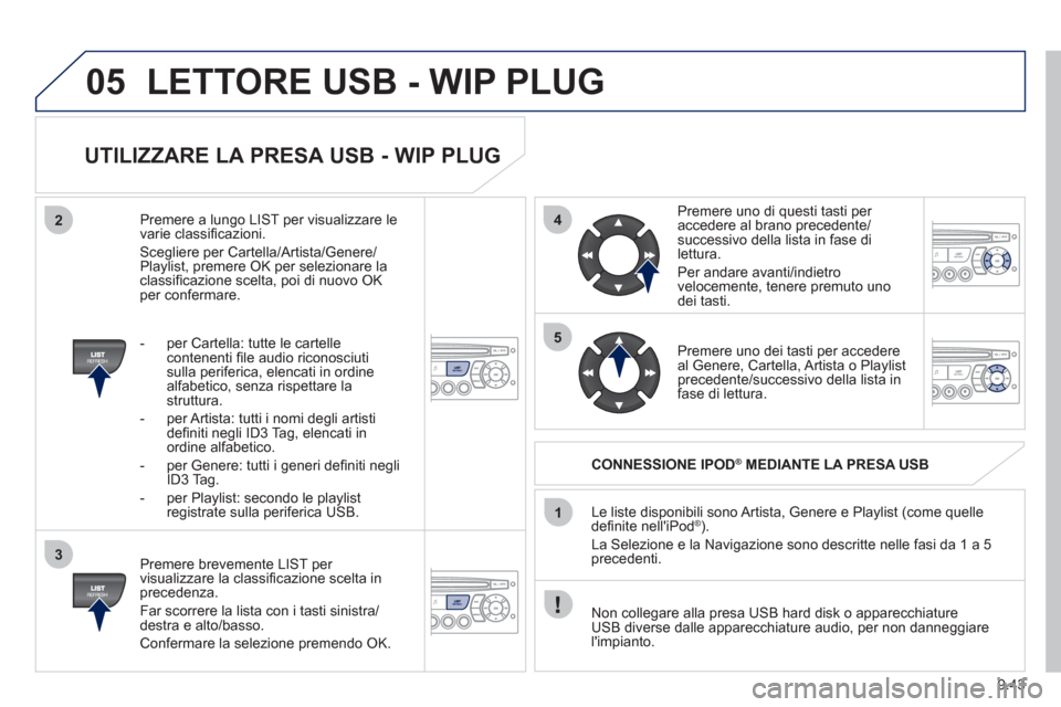 Peugeot Partner Tepee 2011 Manuale del proprietario (in Italian) 9.43
05
42
3
1
5
LETTORE USB - WIP PLUG
UTILIZZARE LA PRESA USB - WIP PLUG
Premere brevemente LIST per
visualizzare la classifi cazione scelta inprecedenza.
F
ar scorrere la lista con i Peugeot Partner Tepee 2011 Manuale del proprietario (in Italian) 9.43
05
42
3
1
5
LETTORE USB - WIP PLUG
UTILIZZARE LA PRESA USB - WIP PLUG
Premere brevemente LIST per
visualizzare la classifi cazione scelta inprecedenza.
F
ar scorrere la lista con i