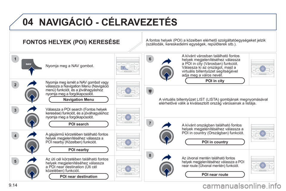 Peugeot Partner Tepee 2011  Kezelési útmutató (in Hungarian) 9.14
04
8
6
7
4
3
5
2
1
NAVIGÁCIÓ - CÉLRAVEZETÉS 
   
FONTOS HELYEK (POI) KERESÉSE 
 
 
Nyomja meg a NAV gombot.
   
N
yomja meg ismét a NAV gombot vagyválassza a Navigation Menu (Navigáció m