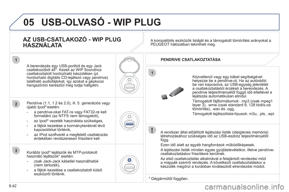Peugeot Partner Tepee 2011  Kezelési útmutató (in Hungarian) 9.42
05
1
1
2
3
USB-OLVASÓ - WIP PLUG 
   
A rendszer által előállított lejátszási listák (ideiglenes memória)létrehozásához szükséges idő az USB-eszköz teljesítményétől
függ.
  E