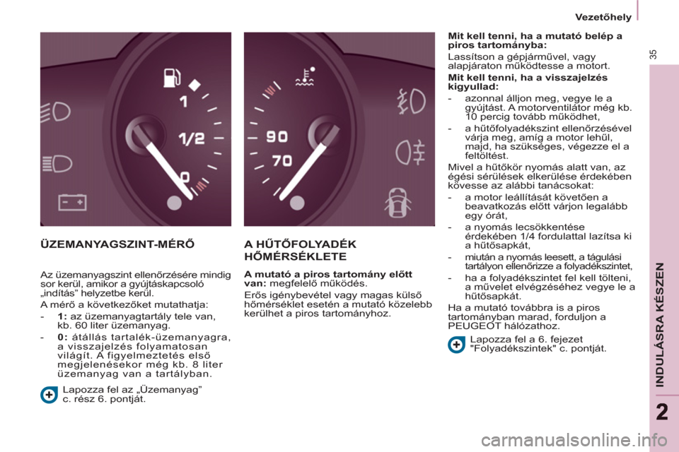 Peugeot Partner Tepee 2011  Kezelési útmutató (in Hungarian) 35
INDULÁSRA KÉSZEN
22
   
 
Vezetőhely  
 
 
ÜZEMANYAGSZINT-MÉRŐ  A HŰTŐFOLYADÉK 
HŐMÉRSÉKLETE 
 
 
A mutató a piros tartomány előtt 
van: 
 megfelelő működés. 
  Erős igénybevé