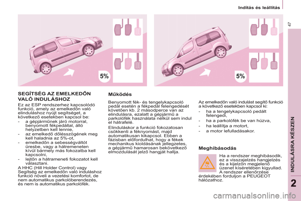 Peugeot Partner Tepee 2011 Kezelési útmutató (in Hungarian) 47
INDULÁSRA KÉSZEN
22
Indítás és leállítás
SEGÍTSÉG AZ EMELKEDŐN
VALÓ INDULÁSHOZ
Ez az ESP rendszerhez kapcsolódó
funkció, amely az emelkedőn való
elinduláshoz ny Peugeot Partner Tepee 2011 Kezelési útmutató (in Hungarian) 47
INDULÁSRA KÉSZEN
22
Indítás és leállítás
SEGÍTSÉG AZ EMELKEDŐN
VALÓ INDULÁSHOZ
Ez az ESP rendszerhez kapcsolódó
funkció, amely az emelkedőn való
elinduláshoz ny