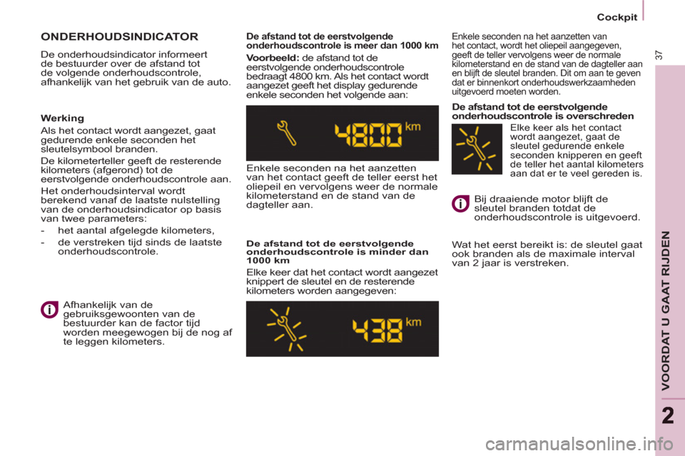Peugeot Partner Tepee 2011 Handleiding (in Dutch) 37
VOORDAT U GAAT RIJDEN
22
Cockpit
ONDERHOUDSINDICATOR
De onderhoudsindicator informeert
de bestuurder over de afstand tot
de volgende onderhoudscontrole,
afhankelijk van het gebrui Peugeot Partner Tepee 2011 Handleiding (in Dutch) 37
VOORDAT U GAAT RIJDEN
22
Cockpit
ONDERHOUDSINDICATOR
De onderhoudsindicator informeert
de bestuurder over de afstand tot
de volgende onderhoudscontrole,
afhankelijk van het gebrui