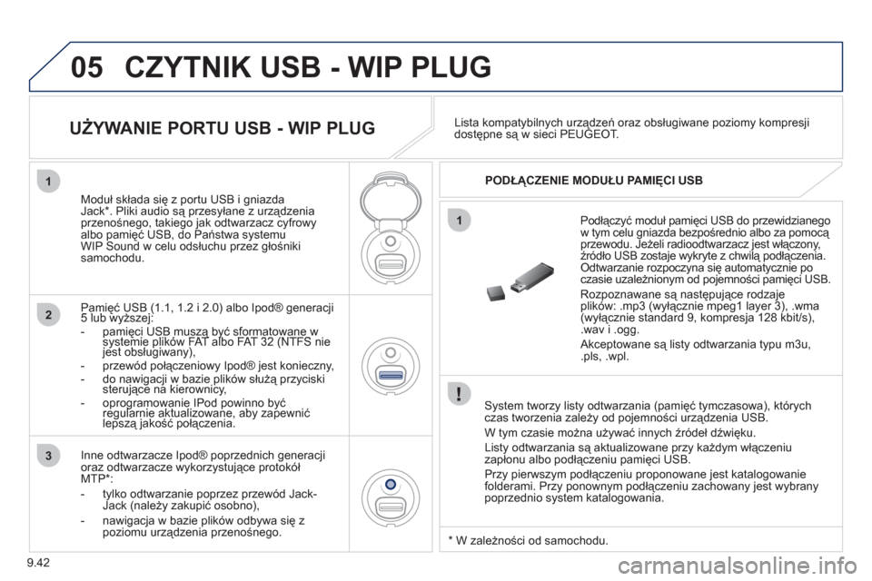 Peugeot Partner Tepee 2011  Instrukcja Obsługi (in Polish) 9.42
05
1
1
2
3
CZYTNIK USB - WIP PLUG
   System tworzy listy odtwarzania (pamięć tymczasowa), którychczas tworzenia zależy od pojemności urządzenia USB. 
  W tym czasie można używać innych �