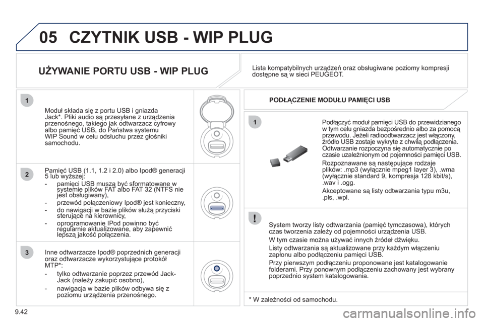Peugeot Partner Tepee 2011  Instrukcja Obsługi (in Polish) 9.42
05
1
1
2
3
CZYTNIK USB - WIP PLUG
   System tworzy listy odtwarzania (pamięć tymczasowa), którychczas tworzenia zależy od pojemności urządzenia USB. 
  W tym czasie można używać innych 