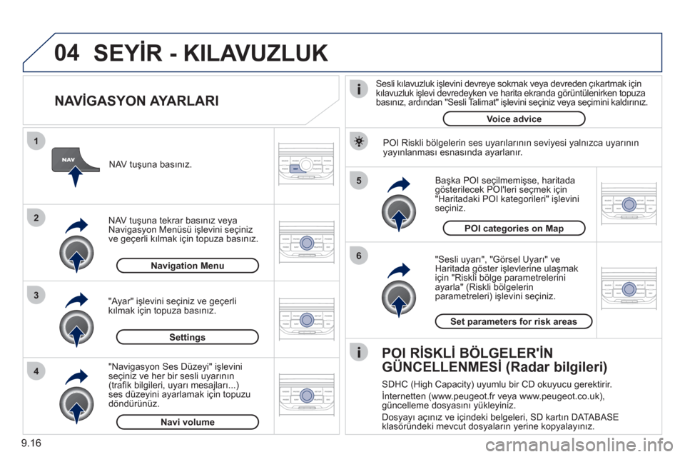 Peugeot Partner Tepee 2011 Kullanım Kılavuzu (in Turkish) 9.16
04
5
6
3 2 1
4
NAVİGASYON AYARLARI
"Sesli uyarı", "Görsel Uyarı" veHaritada göster işlevlerine ulaşmak
için "Riskli bölge parametrelerini
ayarla" (Riskli bölgelerinparametrele Peugeot Partner Tepee 2011 Kullanım Kılavuzu (in Turkish) 9.16
04
5
6
3 2 1
4
NAVİGASYON AYARLARI
"Sesli uyarı", "Görsel Uyarı" veHaritada göster işlevlerine ulaşmak
için "Riskli bölge parametrelerini
ayarla" (Riskli bölgelerinparametrele