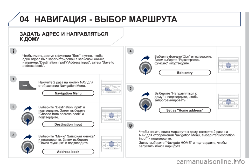 Peugeot Partner Tepee 2011 Инструкция по эксплуатации (in Russian) 9.11
04
1
2
3
5
4
НАВИГАЦИЯ - ВЫБОР МАРШРУТА
ЗАДАТЬ АДРЕС И НАПРАВЛЯТЬСЯ
К ДОМУ
Нажмите 2 раза на кнопку NAV для
от Peugeot Partner Tepee 2011 Инструкция по эксплуатации (in Russian) 9.11
04
1
2
3
5
4
НАВИГАЦИЯ - ВЫБОР МАРШРУТА
ЗАДАТЬ АДРЕС И НАПРАВЛЯТЬСЯ
К ДОМУ
Нажмите 2 раза на кнопку NAV для
от