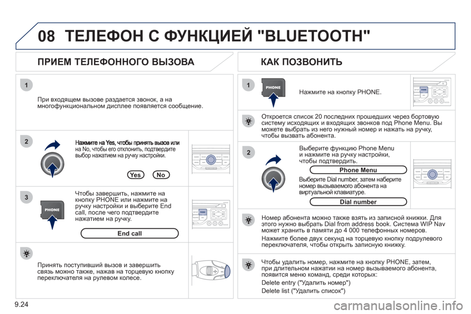 Peugeot Partner Tepee 2011 Инструкция по эксплуатации (in Russian) 9.24
08
1
3 2
2 1на No, чтобы его отклонить, подтвердите
выбор нажатием на ручку настройки.
ПРИЕМ ТЕЛЕФОННОГО ВЫЗОВ Peugeot Partner Tepee 2011 Инструкция по эксплуатации (in Russian) 9.24
08
1
3 2
2 1на No, чтобы его отклонить, подтвердите
выбор нажатием на ручку настройки.
ПРИЕМ ТЕЛЕФОННОГО ВЫЗОВ