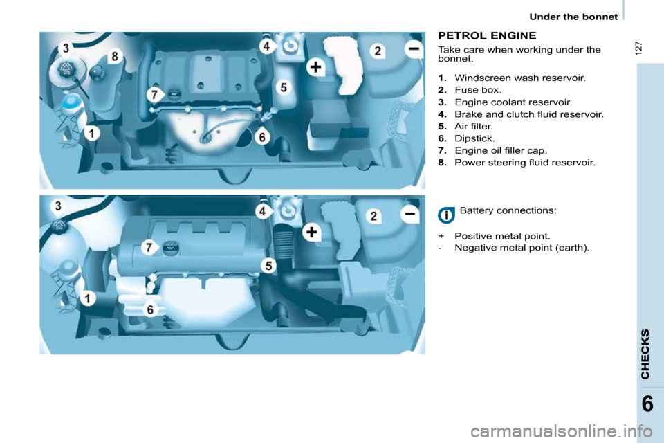 Peugeot Partner Tepee 2010  Owners Manual  127
6
   Under the bonnet   
  PETROL ENGINE  
    
1.    Windscreen wash reservoir. 
  
2.  �  �F�u�s�e� �b�o�x�.� 
  
3.    Engine coolant reservoir. 
  
4.  �  �B�r�a�k�e� �a�n�d� �c�l�u�t�c�h� �