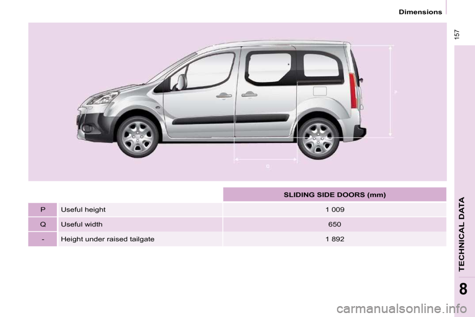 Peugeot Partner Tepee 2010 Owners Manual 157
Dimensions
TECHNICAL DATA
8
SLIDING SIDE DOORS (mm)
P Useful height 1 009
Q Useful width 650
- Height under raised tailgate 1 892 Peugeot Partner Tepee 2010 Owners Manual 157
Dimensions
TECHNICAL DATA
8
SLIDING SIDE DOORS (mm)
P Useful height 1 009
Q Useful width 650
- Height under raised tailgate 1 892