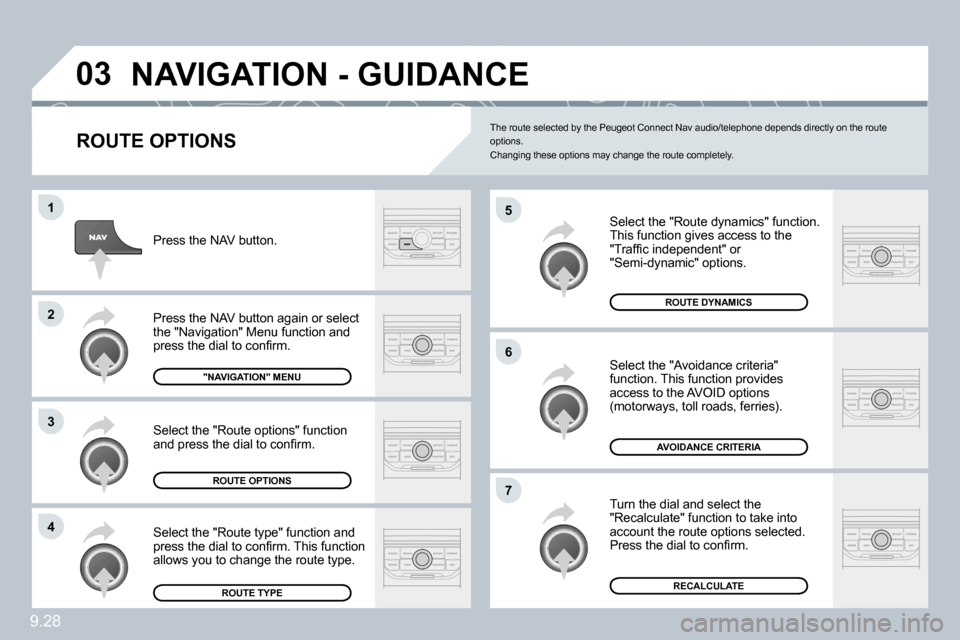 Peugeot Partner Tepee 2010  Owners Manual 9.28
�0�3
�5
�6
�7
�1
�2
�3
�4
� �N�A�V�I�G�A�T�I�O�N� �-� �G�U�I�D�A�N�C�E� 
� � �R�O�U�T�E� �O�P�T�I�O�N�S� 
� �S�e�l�e�c�t� �t�h�e� �"�R�o�u�t�e� �d�y�n�a�m�i�c�s�"� �f�u�n�c�t�i�o�n�.�  This funct