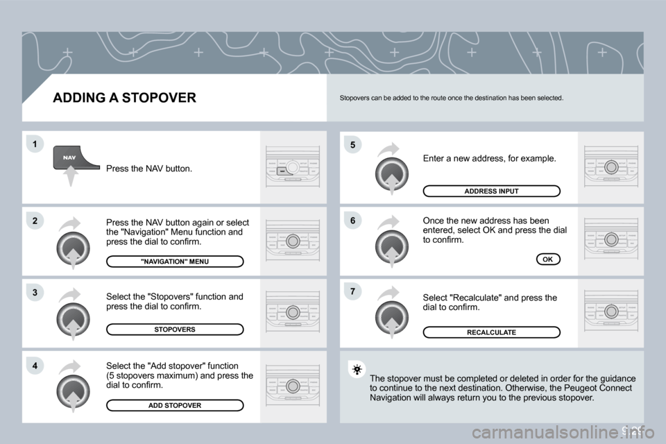 Peugeot Partner Tepee 2010  Owners Manual 9.29
�5
�6
�7
�1
�2
�3
�4
� � �A�D�D�I�N�G� �A� �S�T�O�P�O�V�E�R� 
� �E�n�t�e�r� �a� �n�e�w� �a�d�d�r�e�s�s�,� �f�o�r� �e�x�a�m�p�l�e�.� 
 Once the new address has been entered, select OK and press th