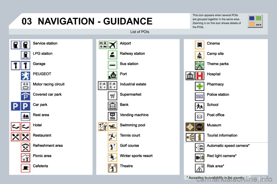 Peugeot Partner Tepee 2010  Owners Manual 9.31
�0�3� �N�A�V�I�G�A�T�I�O�N� �-� �G�U�I�D�A�N�C�E� 
  List of POIs   List of POIs 
� � �*� �  According to availability in the country.   According to availability in the country.  
 This icon app