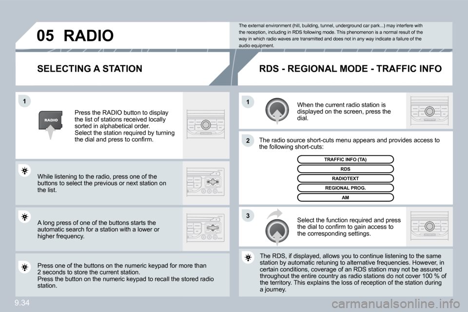 Peugeot Partner Tepee 2010  Owners Manual 9.34
�1�1
�2
�3
�0�5
� � �S�E�L�E�C�T�I�N�G� �A� �S�T�A�T�I�O�N� 
 When the current radio station is displayed on the screen, press the dial. 
� �T�h�e� �r�a�d�i�o� �s�o�u�r�c�e� �s�h�o�r�t�-�c�u�t�s�