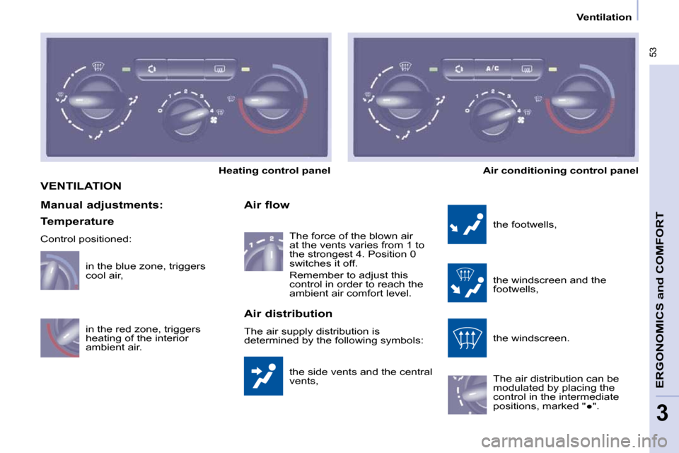 Peugeot Partner Tepee 2010 Workshop Manual  53
ERGONOMICS 
and
 COMFORT
3
   Ventilation   
 VENTILATION 
� �t�h�e� �s�i�d�e� �v�e�n�t�s� �a�n�d� �t�h�e� �c�e�n�t�r�a�l�  
�v�e�n�t�s�,� 
  Air flow 
 the footwells,  
� �t�h�e� �w�i�n�d�s�c�r�e