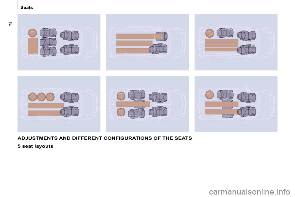 Peugeot Partner Tepee 2010 Manual PDF 74
   Seats   
 ADJUSTMENTS AND DIFFERENT CONFIGURATIONS OF THE SEATS 
  5 seat layouts         
