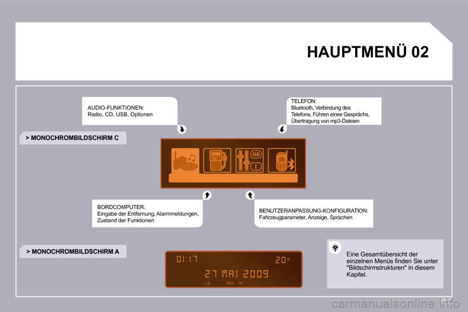 Peugeot Partner Tepee 2010  Betriebsanleitung (in German) 9.3
�0�2�H�A�U�P�T�M�E�N�Ü� � 
 AUDIO-FUNKTIONEN: Radio, CD, USB, Optionen 
 BORDCOMPUTER: Eingabe der Entfernung, Alarmmeldungen, Zustand der Funktionen  
 TELEFON: Bluetooth, Verbindung des Telefon