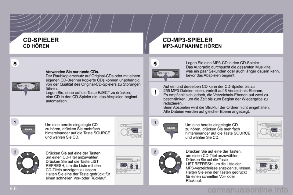 Peugeot Partner Tepee 2010  Betriebsanleitung (in German) 9.6
�1�1
�2�2
�1�1
�2�2
 Der Raubkopierschutz auf Original-CDs oder mit einem eigenen CD-Brenner kopierte CDs können unabhängig von der Qualität des Original-CD-Spielers zu Störungen führen.  Leg
