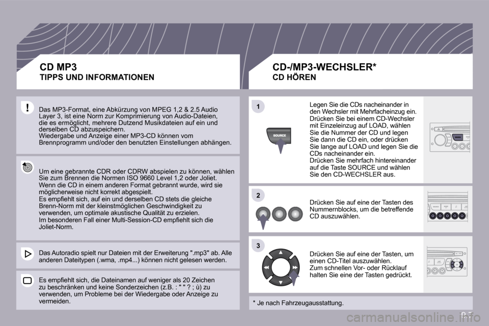 Peugeot Partner Tepee 2010  Betriebsanleitung (in German) 9.7
�1�1
�2�2
�3�3
Das MP3-Format, eine Abkürzung von MPEG 1,2 & 2.5 Audio Layer 3, ist eine Norm zur Komprimierung von Audio-Dateien, die es ermöglicht, mehrere Dutzend Musikdateien auf ein und der