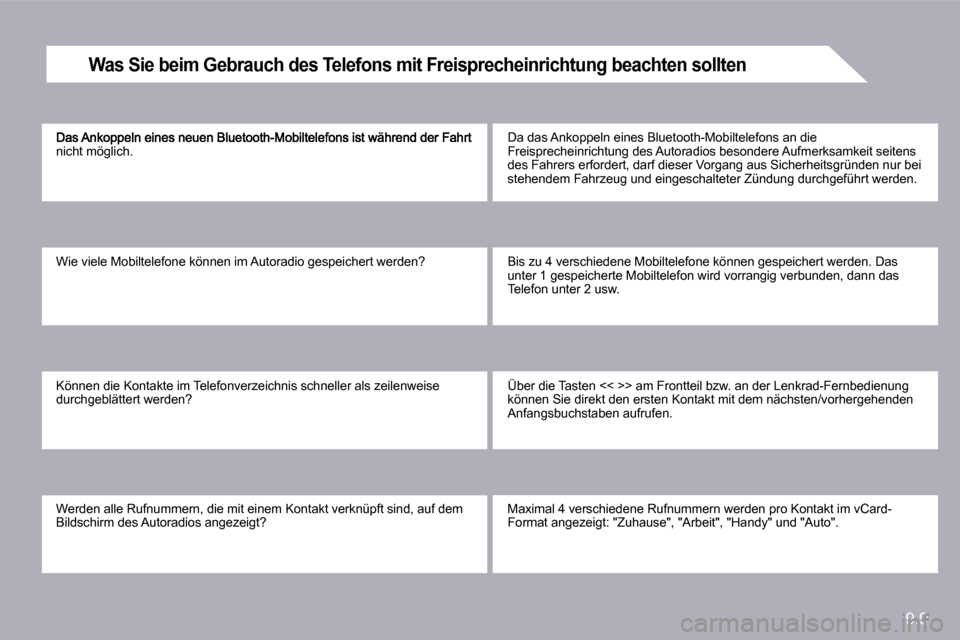 Peugeot Partner Tepee 2010  Betriebsanleitung (in German) 9.9
nicht möglich. 
 Wie viele Mobiltelefone können im Autoradio gespeichert werden? 
 Können die Kontakte im Telefonverzeichnis schnelle r als zeilenweise durchgeblättert werden? 
 Werden alle Ru