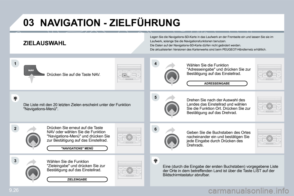 Peugeot Partner Tepee 2010  Betriebsanleitung (in German) 9.26
�0�3
�1
�2
�3
�6
�5
�4
�N�A�V�I�G�A�T�I�O�N� �-� �Z�I�E�L�F�Ü�H�R�U�N�G� 
� � �Z�I�E�L�A�U�S�W�A�H�L� 
 Drücken Sie erneut auf die Taste NAV oder wählen Sie die Funktion "Navigations-Menü" un