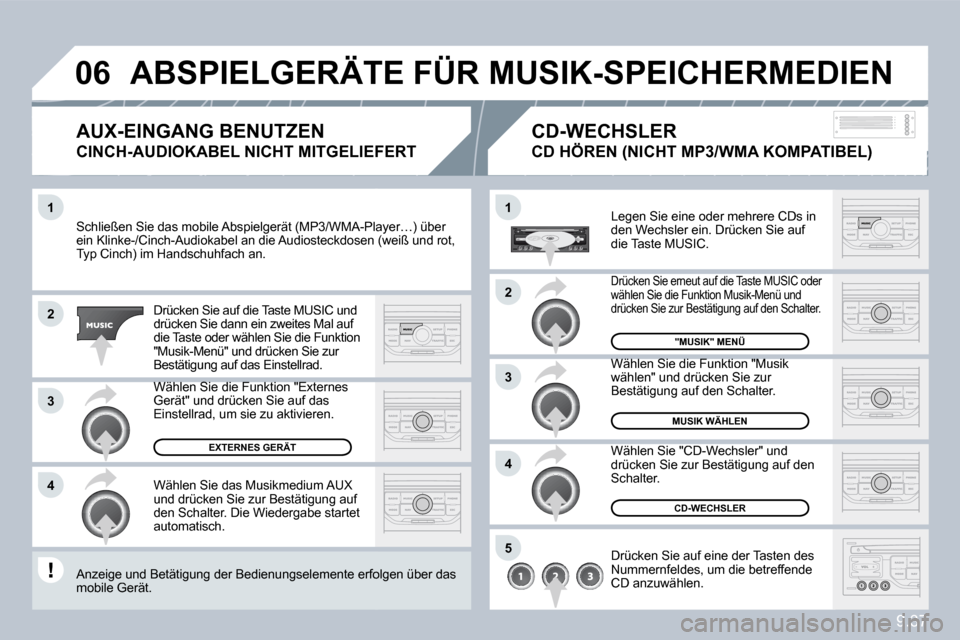Peugeot Partner Tepee 2010  Betriebsanleitung (in German) 9.37
�1
�2
�3
�4
�1
�4
�0�6
�2
�3
�5
 Schließen Sie das mobile Abspielgerät (MP3/WMA-PlayA-Player…) über ein Klinke-/Cinch-Audiokabel an die Audiosteckdosen (wsen (weiß und rot, Typ Cinch) im Ha