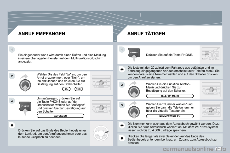 Peugeot Partner Tepee 2010  Betriebsanleitung (in German) 9.39
�2
�3
�1�1
�2
�3
 Drücken Sie auf das Ende des Bedienhebels unter dem Lenkrad, um den Anruf anzunehmen oder das laufende Gespräch zu beenden.  
 Wählen Sie das Feld "Ja" an, um den Anruf anzun