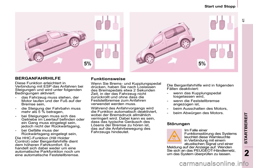 Peugeot Partner Tepee 2010 Betriebsanleitung (in German) 41
STARTBEREIT
22
Start und Stopp
BERGANFAHRHILFE
Diese Funktion erleichtert in
Verbindung mit ESP das Anfahren bei
Steigungen und wird unter folgenden
Bedingungen aktiviert:
- da Peugeot Partner Tepee 2010 Betriebsanleitung (in German) 41
STARTBEREIT
22
Start und Stopp
BERGANFAHRHILFE
Diese Funktion erleichtert in
Verbindung mit ESP das Anfahren bei
Steigungen und wird unter folgenden
Bedingungen aktiviert:
- da