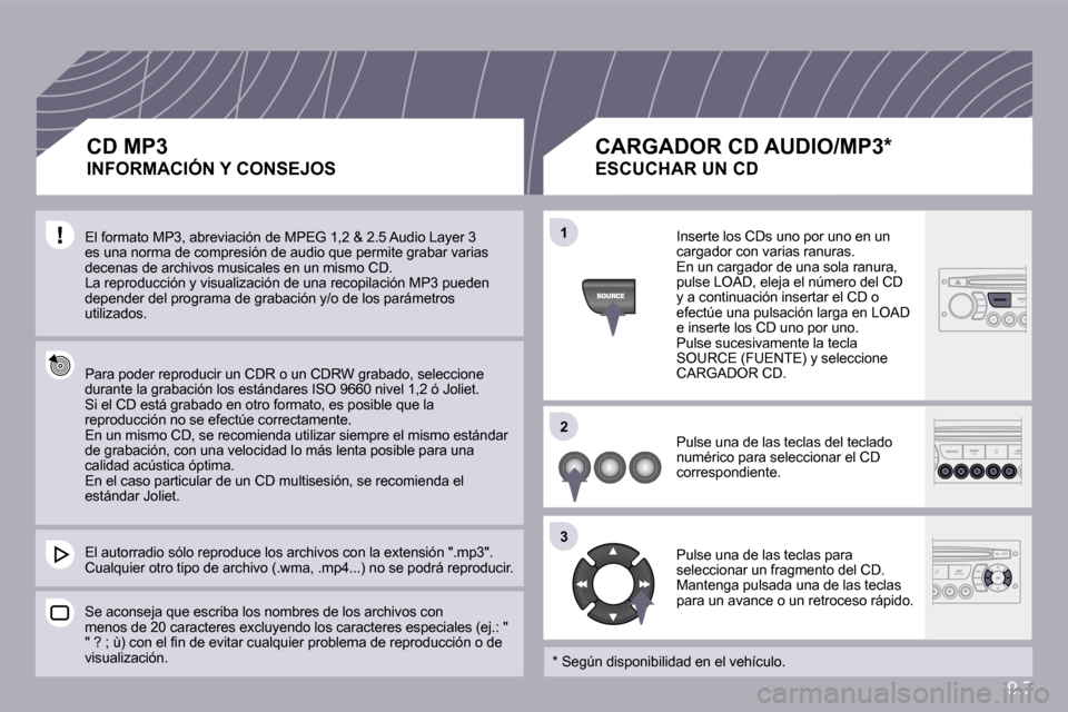 Peugeot Partner Tepee 2010  Manual del propietario (in Spanish) 9.7
�1�1
�2�2
�3�3
� �E�l� �f�o�r�m�a�t�o� �M�P�3�,� �a�b�r�e�v�i�a�c�i�ó�n� �d�e� �M�P�E�G� �1�,�2� �&� �2�.�5� �A�u�d�i�o� �L�a�y�e�r� �3� �e�s� �u�n�a� �n�o�r�m�a� �d�e� �c�o�m�p�r�e�s�i�ó�n� �d�