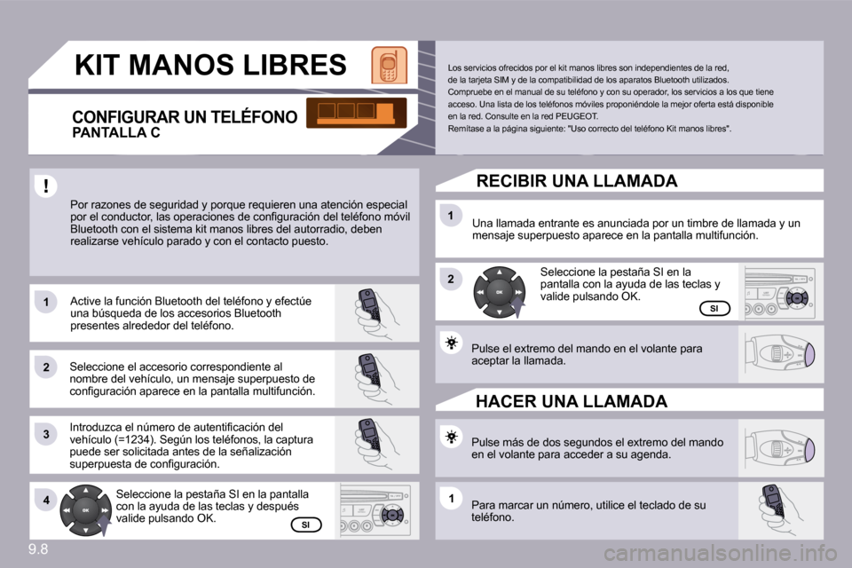 Peugeot Partner Tepee 2010  Manual del propietario (in Spanish) �9�.�8
�1�1
�2�2
�3�3
�1�1
�2�2
�4�4�1�1
� �K�I�T� �M�A�N�O�S� �L�I�B�R�E�S� 
� �P�o�r� �r�a�z�o�n�e�s� �d�e� �s�e�g�u�r�i�d�a�d� �y� �p�o�r�q�u�e� �r�e�q�u�i�e�r�e�n� �u�n�a� �a�t�e�n�c�i�ó�n� �e�s�