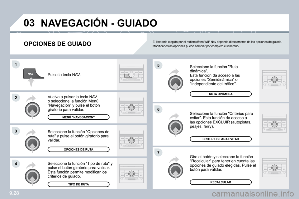Peugeot Partner Tepee 2010  Manual del propietario (in Spanish) 9.28
�0�3
�5
�6
�7
�1
�2
�3
�4
� �N�A�V�E�G�A�C�I�Ó�N� �-� �G�U�I�A�D�O� 
� � �O�P�C�I�O�N�E�S� �D�E� �G�U�I�A�D�O� 
 Seleccione la función "Ruta dinámica".  Esta función da acceso a las opciones 