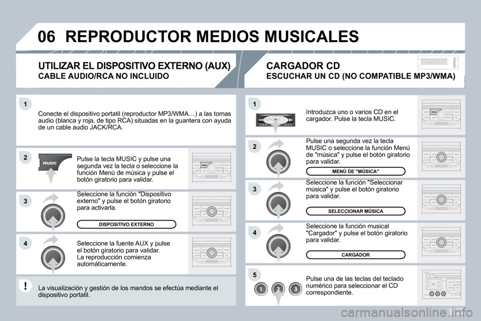 Peugeot Partner Tepee 2010  Manual del propietario (in Spanish) 9.37
�1
�2
�3
�4
�1
�4
�0�6
�2
�3
�5
 Conecte el dispositivo portatil (reproductor MP3/WMA…MA…) a las tomas audio (blanca y roja, de tipo RCA) situadas en la guanteguantera con ayuda de un cable a