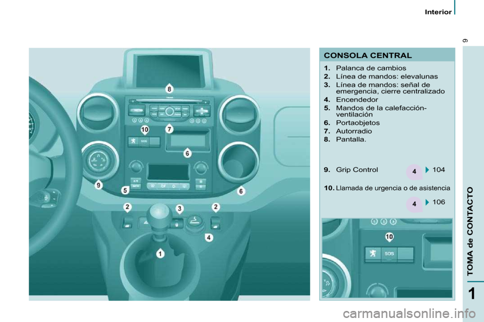 Peugeot Partner Tepee 2010  Manual del propietario (in Spanish) 4
4
9
1
TOMA de CONTACTO
   Interior   
 CONSOLA CENTRAL  
    
1.    Palanca de cambios 
  
2. � �  �L�í�n�e�a� �d�e� �m�a�n�d�o�s�:� �e�l�e�v�a�l�u�n�a�s� 
  
3. � �  �L�í�n�e�a� �d�e� �m�a�n�d�o�