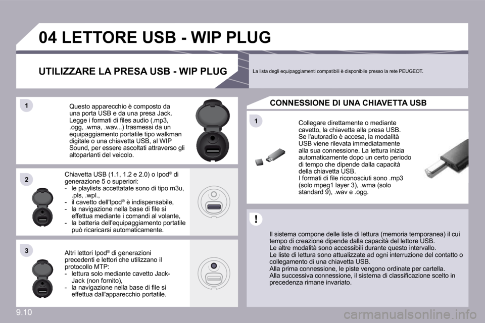 Peugeot Partner Tepee 2010  Manuale del proprietario (in Italian) �9�.�1�0
�1�1
�0�4
�1�1
�2�2
�3�3
�L�E�T�T�O�R�E� �U�S�B� �-� �W�I�P� �P�L�U�G� 
� � �I�l� �s�i�s�t�e�m�a� �c�o�m�p�o�n�e� �d�e�l�l�e� �l�i�s�t�e� �d�i� �l�e�t�t�u�r�a� �(�m�e�m�o�r�i�a� �t�e�m�p�o�r�