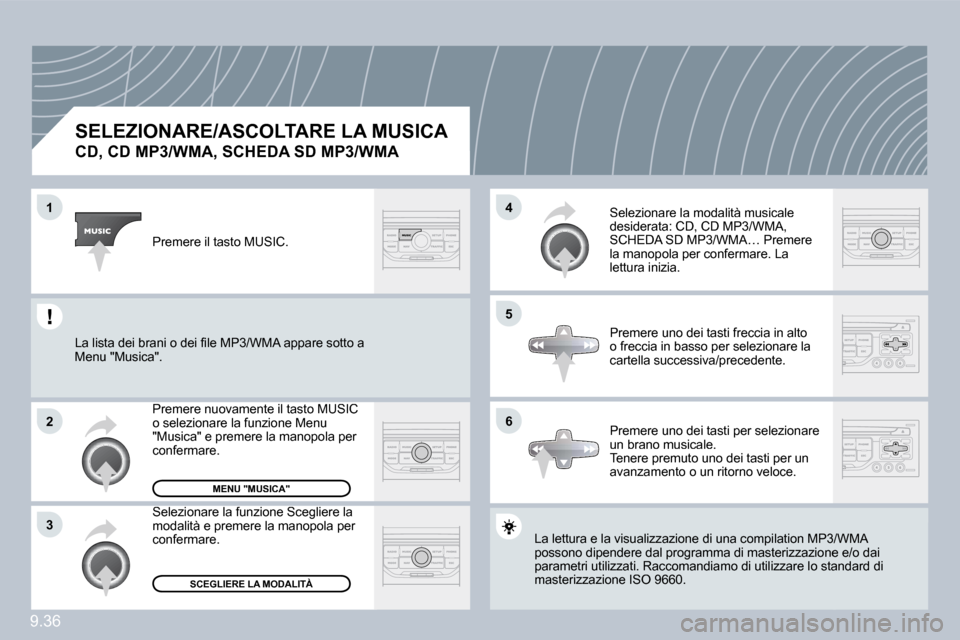 Peugeot Partner Tepee 2010  Manuale del proprietario (in Italian) 9.36
�1
�2
�3
�5
�4
�6
� � �S�E�L�E�Z�I�O�N�A�R�E�/�A�S�C�O�L�T�A�R�E� �L�A� �M�U�S�I�C�A� � 
�C�D�,� �C�D� �M�P�3�/�W�M�A�,� �S�C�H�E�D�A� �S�D� �M�P�3�/�W�M�A� 
 La lettura e la visualizzazione di u