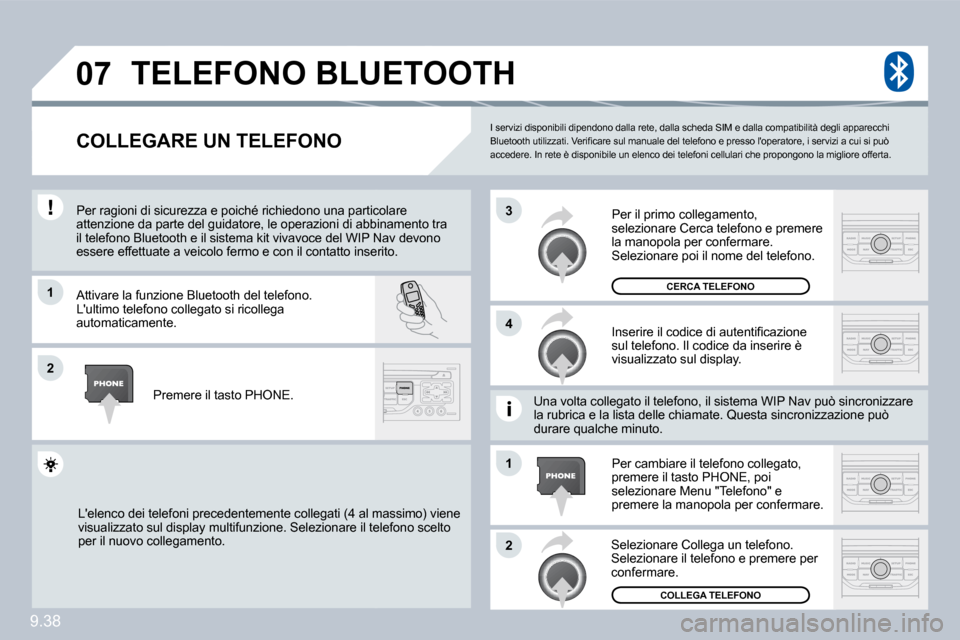 Peugeot Partner Tepee 2010  Manuale del proprietario (in Italian) 9.38
�0�7
�1
�4
�3
�2
�1
�2
 I servizi disponibili dipendono dalla rete, dalla scheda SIM e dalla compatibilità degli apparecchi �B�l�u�e�t�o�o�t�h� �u�t�i�l�i�z�z�a�t�i�.� �V�e�r�i�ﬁ� �c�a�r�e� �s