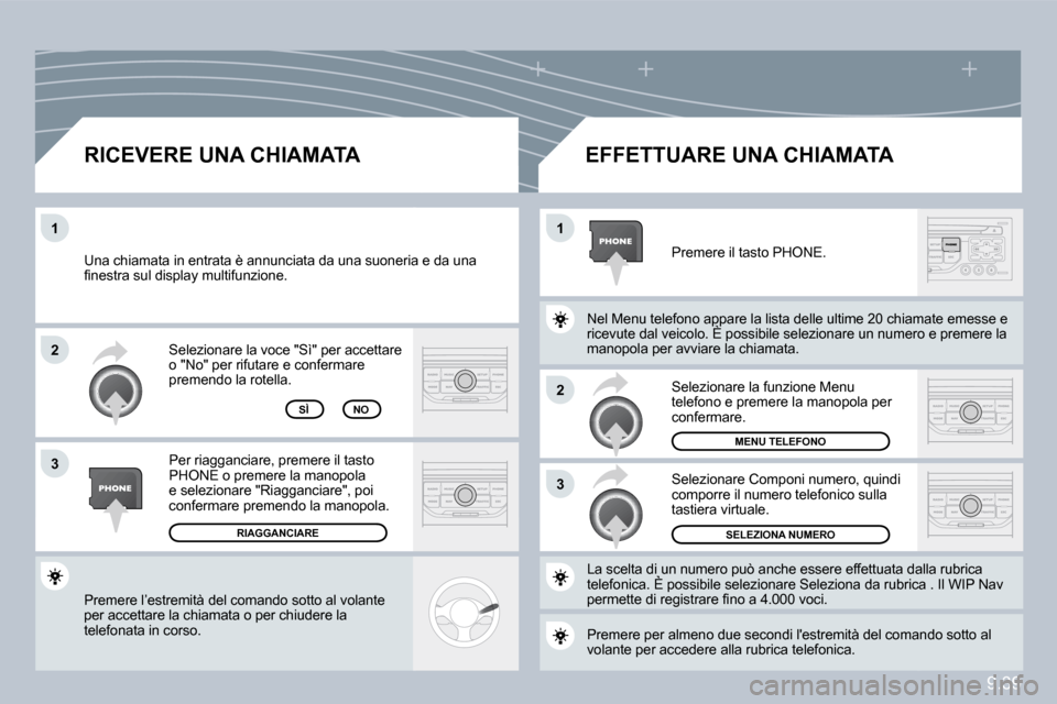 Peugeot Partner Tepee 2010  Manuale del proprietario (in Italian) 9.39
�2
�3
�1�1
�2
�3
 Premere l’estremità del comando sotto al volante per accettare la chiamata o per chiudere la telefonata in corso.  
 Selezionare la voce "Sì" per accettare o "No" per rifuta