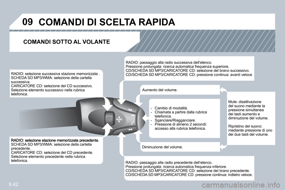 Peugeot Partner Tepee 2010  Manuale del proprietario (in Italian) 9.42
�0�9
 SCHEDA SD MP3/WMA: selezione della cartella precedente.  CARICATORE CD: selezione del CD precedente.  Selezione elemento precedente nella rubrica telefonica.  
  RADIO: selezione successiva