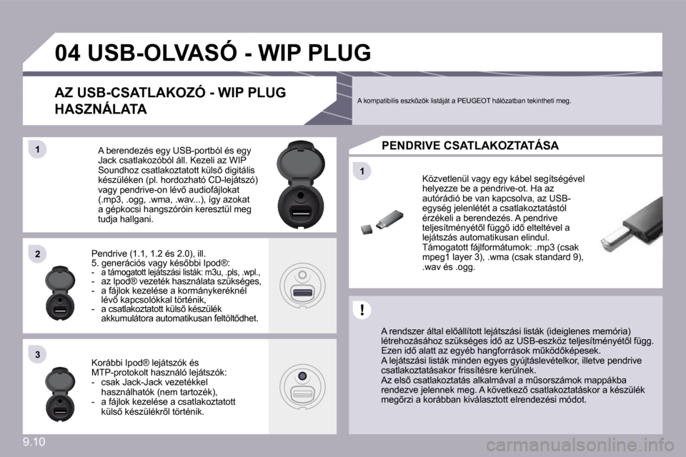 Peugeot Partner Tepee 2010  Kezelési útmutató (in Hungarian) 9.10
�1�1
�0�4
�1�1
�2�2
�3�3
� � � � � � � � � �U�S�B�-�O�L�V�A�S�Ó� �-� �W�I�P� �P�L�U�G� 
� � �A� �r�e�n�d�s�z�e�r� �á�l�t�a�l� �e�l5�á�l�l�í�t�o�t�t� �l�e�j�á�t�s�z�á�s�i� �l�i�s�t�á�k� �(