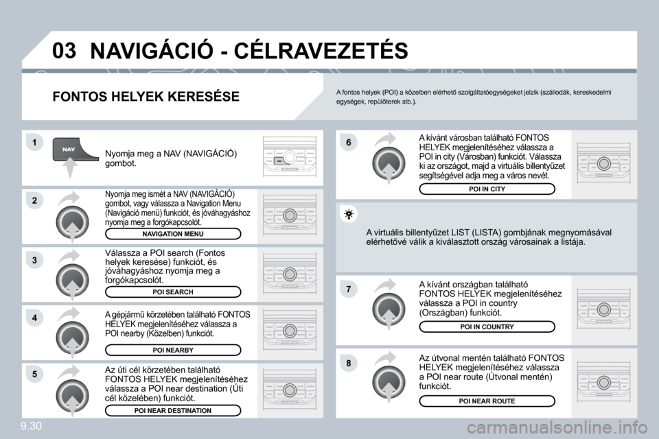 Peugeot Partner Tepee 2010  Kezelési útmutató (in Hungarian) 9.30
�0�3
�1
�2
�3
�4
�7
�8�5
�6
� �N�A�V�I�G�Á�C�I�Ó� �-� �C�É�L�R�A�V�E�Z�E�T�É�S� 
� � �F�O�N�T�O�S� �H�E�L�Y�E�K� �K�E�R�E�S�É�S�E� 
� �N�y�o�m�j�a� �m�e�g� �a� �N�A�V� �(�N�A�V�I�G�Á�C�I�Ó