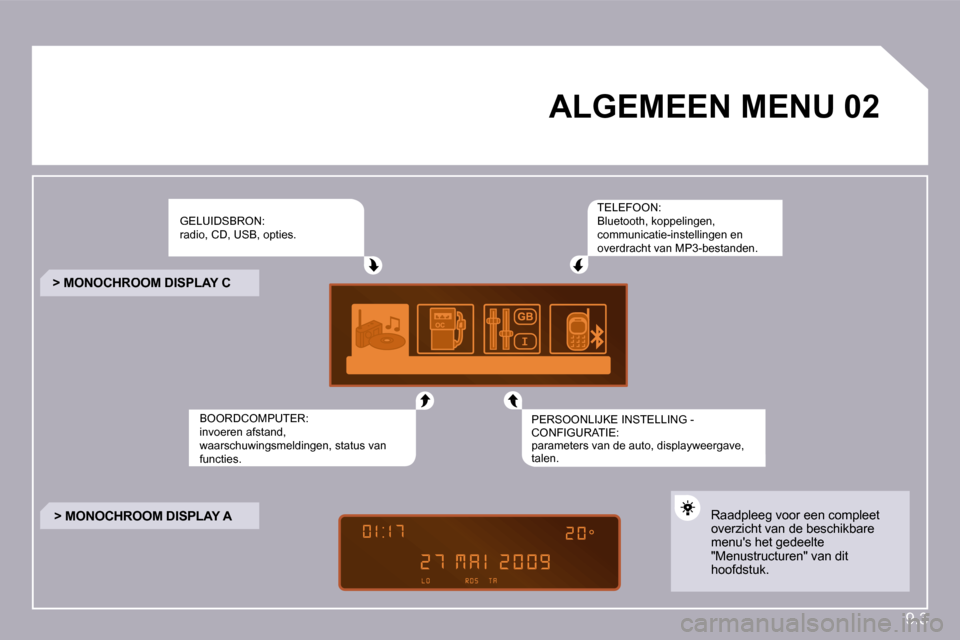 Peugeot Partner Tepee 2010  Handleiding (in Dutch) 9.3
�0�2�A�L�G�E�M�E�E�N� �M�E�N�U� � 
 GELUIDSBRON: radio, CD, USB, opties. 
 BOORDCOMPUTER: invoeren afstand, waarschuwingsmeldingen, status van functies.  
 TELEFOON: Bluetooth, koppelingen, commun