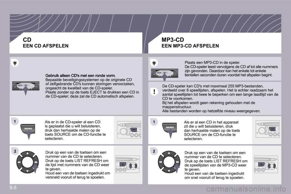 Peugeot Partner Tepee 2010  Handleiding (in Dutch) 9.6
�1�1
�2�2
�1�1
�2�2
 Bepaalde beveiligingssystemen op de originele CD of zelfgebrande CDs kunnen storingen veroorzaken, ongeacht de kwaliteit van de CD-speler.  Plaats zonder op de toets EJECT te