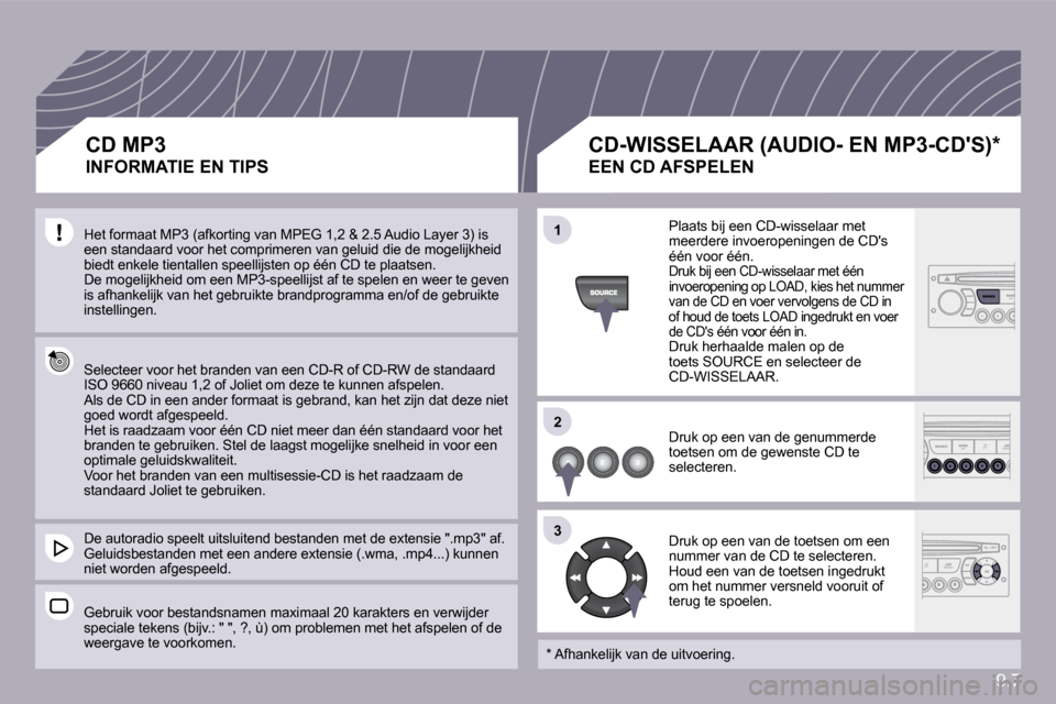 Peugeot Partner Tepee 2010  Handleiding (in Dutch) 9.7
�1�1
�2�2
�3�3
 Het formaat MP3 (afkorting van MPEG 1,2 & 2.5 Audio Layer 3) is een standaard voor het comprimeren van geluid die d e mogelijkheid biedt enkele tientallen speellijsten op één CD 