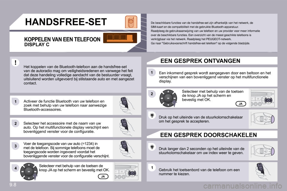Peugeot Partner Tepee 2010  Handleiding (in Dutch) 9.8
�1�1
�2�2
�3�3
�1�1
�2�2
�4�4�1�1
 Selecteer met behulp van de toetsen de knop JA op het scherm en bevestig met OK. 
� �H�A�N�D�S�F�R�E�E�-�S�E�T� 
 Het koppelen van de Bluetooth-telefoon aan de h