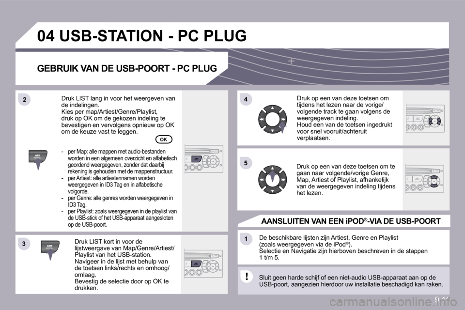 Peugeot Partner Tepee 2010  Handleiding (in Dutch) 9.11
�3�3
�0�4
�4�4
�1�1
�5�5
�2�2
� �U�S�B�-�S�T�A�T�I�O�N� �-� �P�C� �P�L�U�G� 
� � �G�E�B�R�U�I�K� �V�A�N� �D�E� �U�S�B�-�P�O�O�R�T� �-� �P�C� �P�L�U�G� 
  Druk LIST kort in voor de lijstweergave v