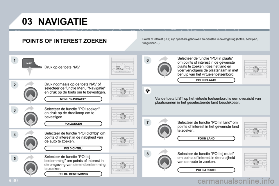 Peugeot Partner Tepee 2010  Handleiding (in Dutch) 9.30
�0�3
�2
�3
�4
�7
�8�5
�6�1
� �N�A�V�I�G�A�T�I�E� 
� � �P�O�I�N�T�S� �O�F� �I�N�T�E�R�E�S�T� �Z�O�E�K�E�N� 
 Druk op de toets NAV. 
 Druk nogmaals op de toets NAV of selecteer de functie Menu "Nav