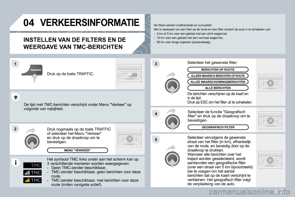 Peugeot Partner Tepee 2010  Handleiding (in Dutch) 9.33
�0�4
�1
�2
�5
�4
�3
� � � � � � � �V�E�R�K�E�E�R�S�I�N�F�O�R�M�A�T�I�E� 
� � �I�N�S�T�E�L�L�E�N� �V�A�N� �D�E� �F�I�L�T�E�R�S� �E�N� �D�E� 
�W�E�E�R�G�A�V�E� �V�A�N� �T�M�C�-�B�E�R�I�C�H�T�E�N� 
