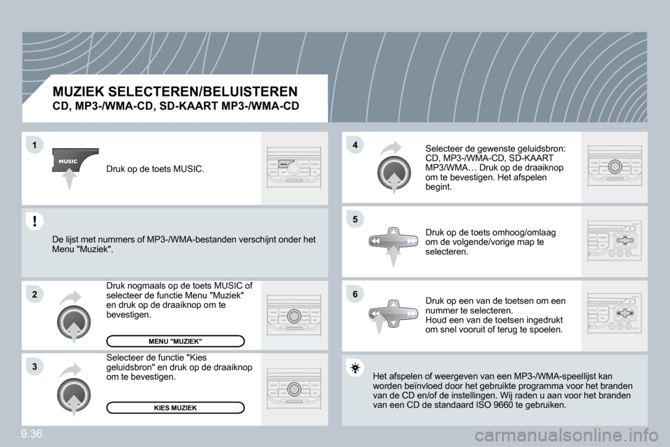 Peugeot Partner Tepee 2010  Handleiding (in Dutch) 9.36
�1
�2
�3
�5
�4
�6
� � � � � � � � � � �M�U�Z�I�E�K� �S�E�L�E�C�T�E�R�E�N�/�B�E�L�U�I�S�T�E�R�E�N� � 
�C�D�,� �M�P�3�-�/�W�M�A�-�C�D�,� �S�D�-�K�A�A�R�T� �M�P�3�-�/�W�M�A�-�C�D� 
 Het afspelen of 