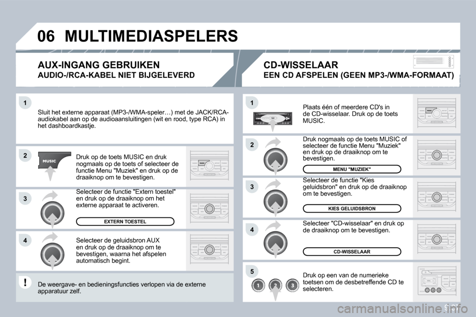 Peugeot Partner Tepee 2010  Handleiding (in Dutch) 9.37
�1
�2
�3
�4
�1
�4
�0�6
�2
�3
�5
 Sluit het externe apparaat (MP3-/WMA-speler…) met demet de JACK/RCA-audiokabel aan op de audioaansluitingen (wit en rood, trood, type RCA) in het dashboardkastj