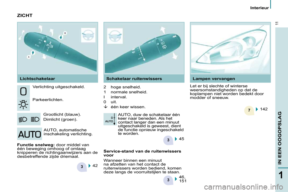 Peugeot Partner Tepee 2010  Handleiding (in Dutch) 3
3
7
3
11
1
IN EEN OOGOPSLAG
   Interieur   
 Verlichting uitgeschakeld.  
 Parkeerlichten.   Grootlicht (blauw).   
Dimlicht (groen).   2   hoge snelheid.  
1   normale snelheid.  
I   interval.  
0