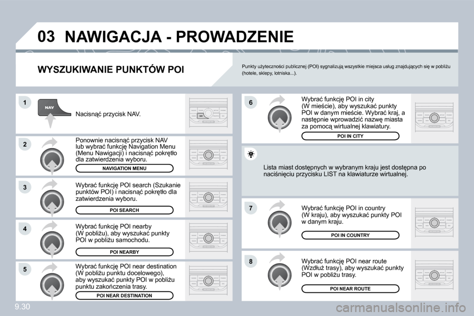 Peugeot Partner Tepee 2010  Instrukcja Obsługi (in Polish) �9�.�3�0
�0�3
�7
�8
�6�1
�2
�3
�4
�5
� �N�A�W�I�G�A�C�J�A� �-� �P�R�O�W�A�D�Z�E�N�I�E� 
� � �W�Y�S�Z�U�K�I�W�A�N�I�E� �P�U�N�K�T�Ó�W� �P�O�I� 
� � �N�a�c�i�s�n"�ć� �p�r�z�y�c�i�s�k� �N�A�V�.� 
� �P